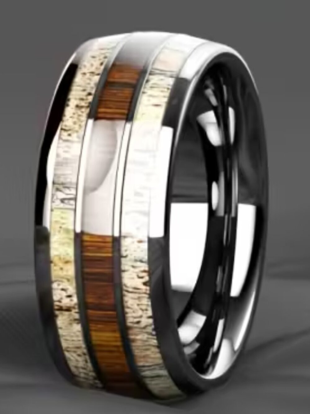 Men’s Ring Inlaid Aged Oak & Birch Stainless-Steel Bold High Gloss Resin Finish